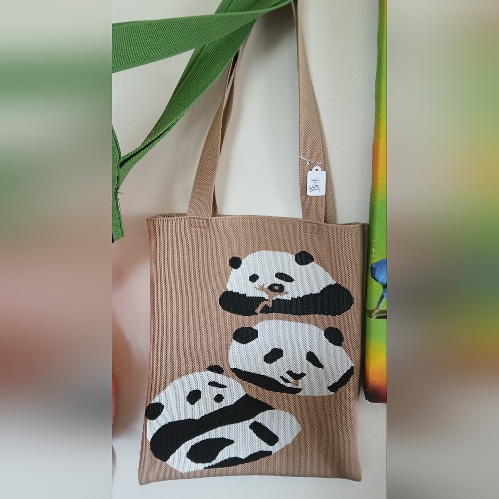Panda Print Tan Tote Bag